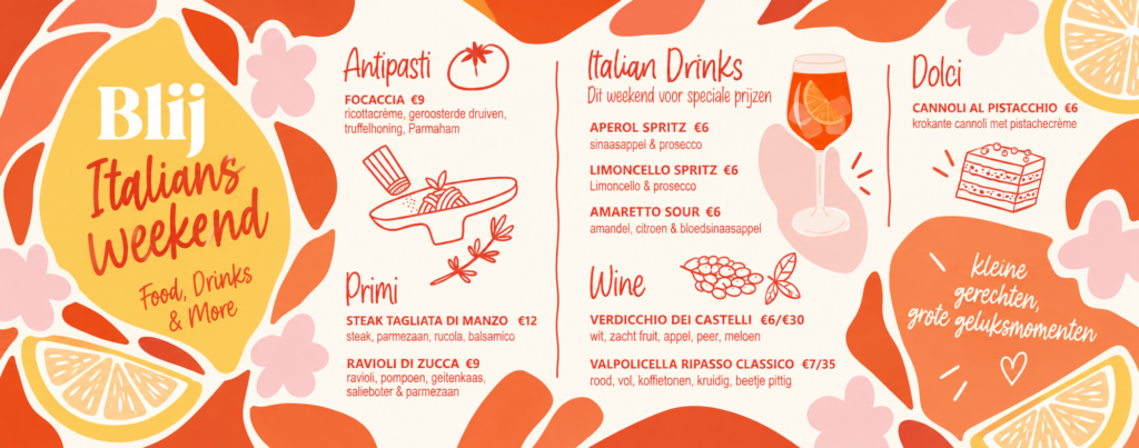 Italiaans Weekend bij Blij aan de Vecht in Utrecht met Italiaans shared dining menu, Aperol Spritz, Limoncello Spritz, wijn en cannoli